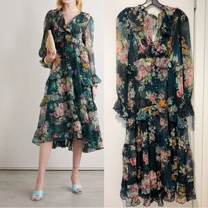 NWT AU0 Zimmermann Wavelength Scallop tiered floral-print midi dress